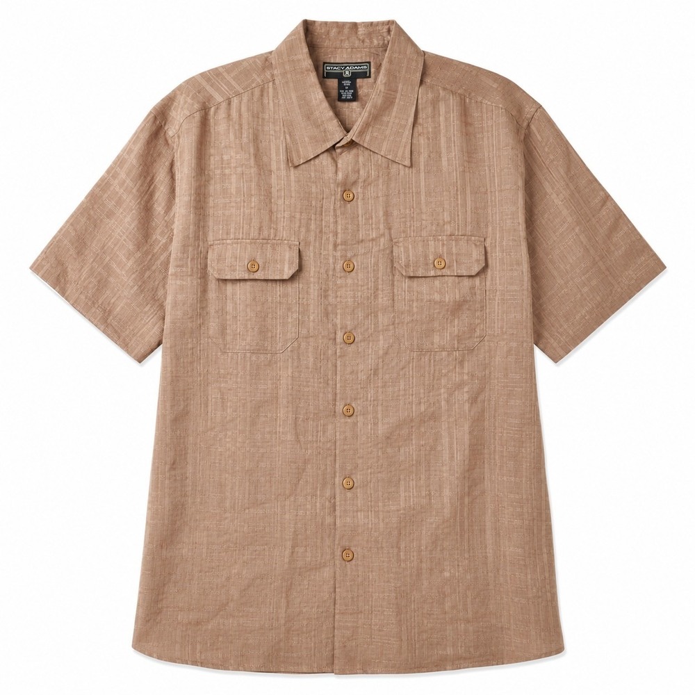 STACY ADAMS 100% Ramie Textured Button-Up Short Sleeve Shirt Sz M Brown Summer